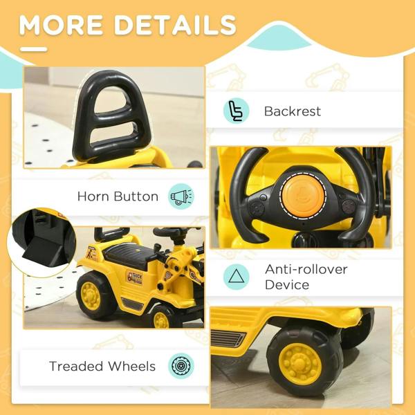 Yellow ride-on bulldozer toy detail: steering wheel, horn button, treaded wheels