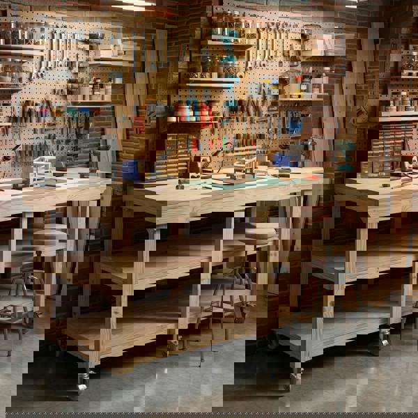 Arbor Garden Solutions Wooden Workbench Eucalyptus Hardwood Top Depth-3ft Double Shelf and Wheels