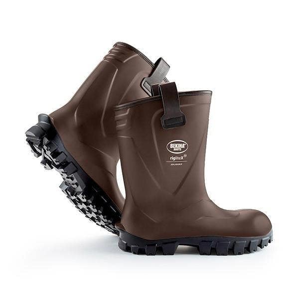 BEKINA Bekina RigLite x SolidGrip Mens Steel Toe Safety S5 Wellie Boots, brown waterproof work boots with steel toe protection and non-slip sole functionality.