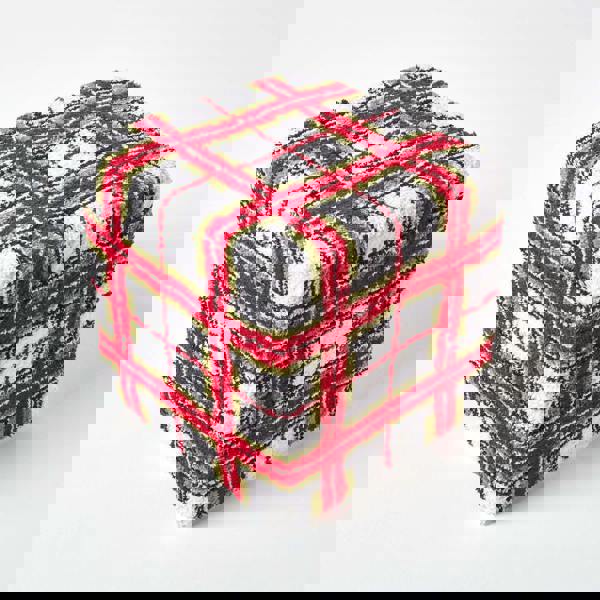 HOMESCAPES Red and White Tartan Pattern Tufted Cotton Cube Pouffe - 36 x 36 x 38 cm