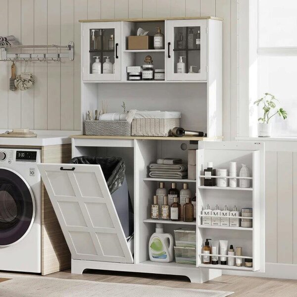 175cm Tall Kitchen Cabinet, Kitchen Cupboard with Rubbish Bin Cabinet, 3 Door Shelves and 2 Acrylic Doors, White