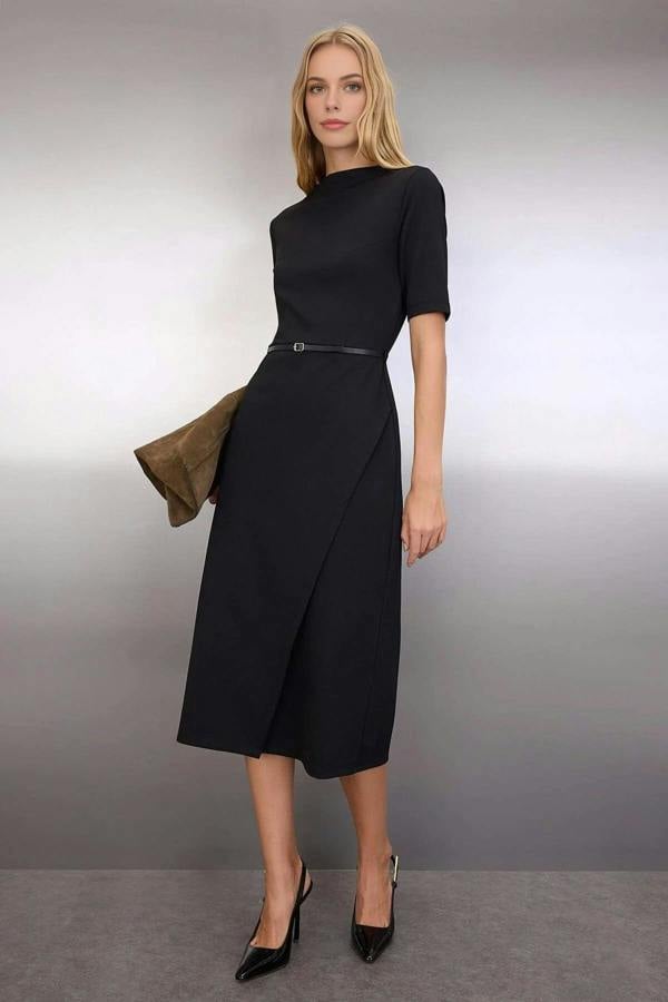 WOVCOR Midi Belted Truvakar Sleeve Knitted Dress