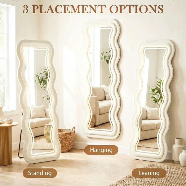 Full Length Mirror, 160 x 60 cm Wavy Full Body Wall Standing Mirror with Velvet Frame and LED Light Strip, Cream White