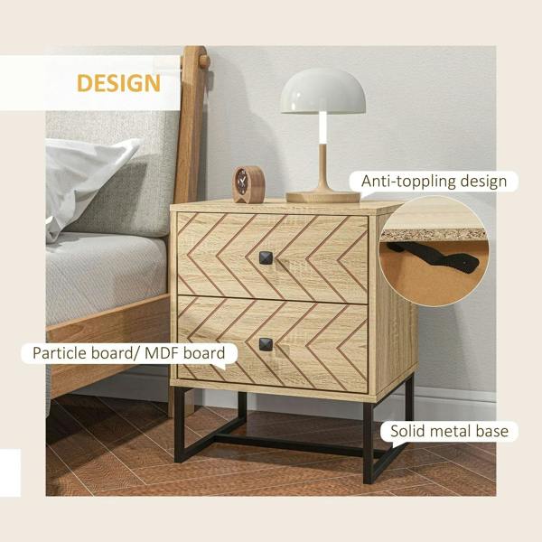 Natural wood nightstand with zigzag drawer fronts, black handles, solid metal base