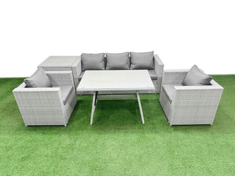 Fimous Outdoor PE Rattan Sofa Armchair Set Patio Garden Furniture Sets with Cushions Side Table Light Grey 6 Pieces