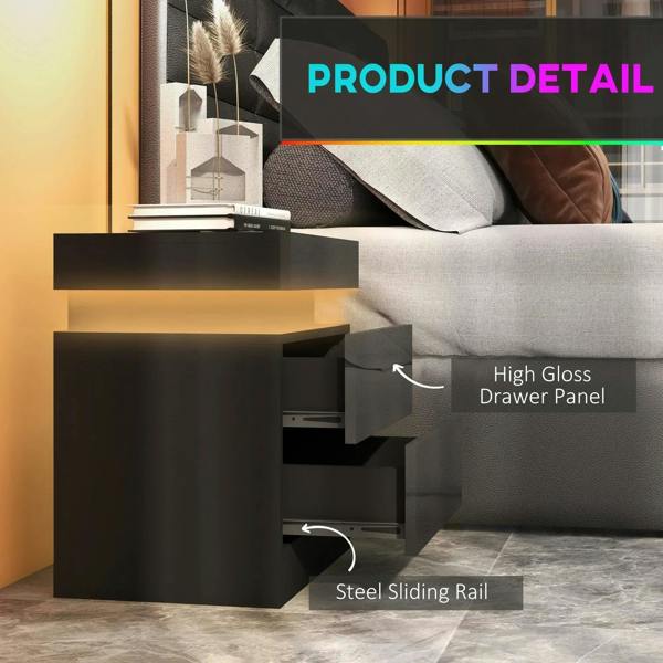 Black high-gloss bedside table with open drawer and steel sliding rail detail