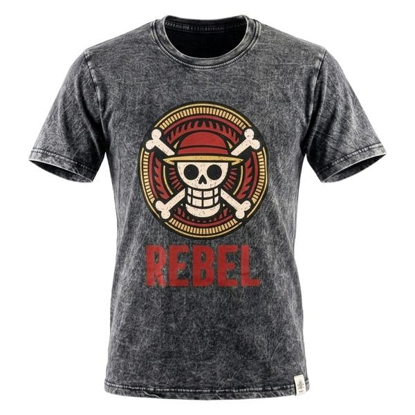 Charcoal stonewashed cotton T-shirt with circular skull “REBEL” chest graphic