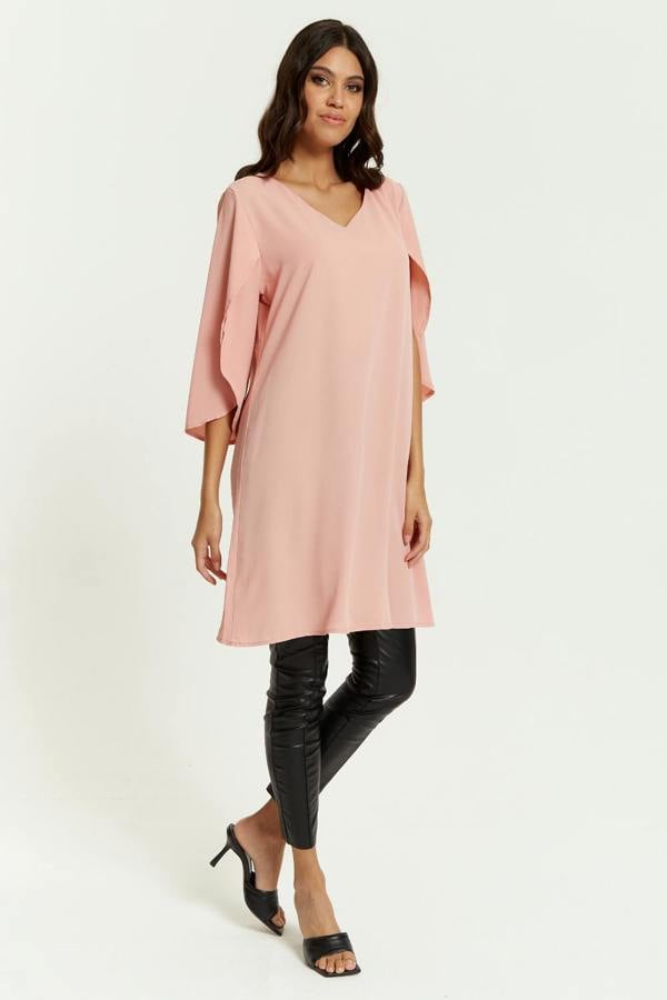 Hoxton Gal Oversized V Neck Tunic with Split Sleeves in Pink