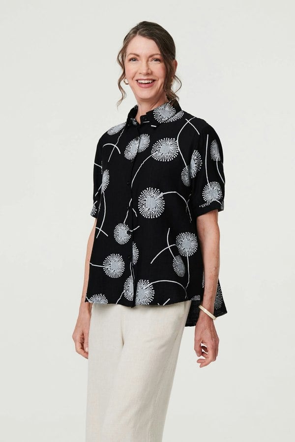 Black | Printed 1/2 Sleeve Button-Up Shirt
