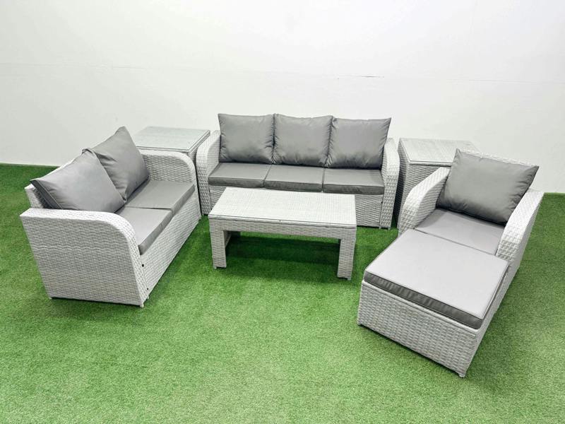Fimous 7 Seater Outdoor Furniture Set, PE Wicker Rattan, Coffee Table, Reclining Loveseat, 3 Seater Sofa, Big Footstool and 2 Side Tables, Light Grey
