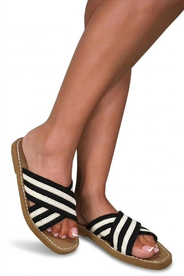 Aubree Striped Cross Over Crochet Strap Flat Sandals - Black_wb