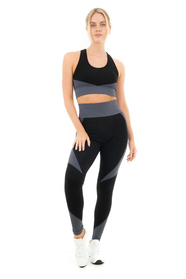Smart Living Women's Textured High Waist Panel Leggings with Striped Design - Black / Grey