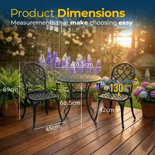 Homeology PREGO Garden and Patio Table and 2 Large Chairs with Armrests Cast Aluminium Bistro Set - Black