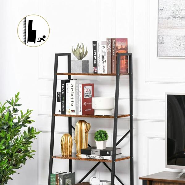 4-tier ladder bookshelf with black frame and brown shelves holding books, jars, and plants.