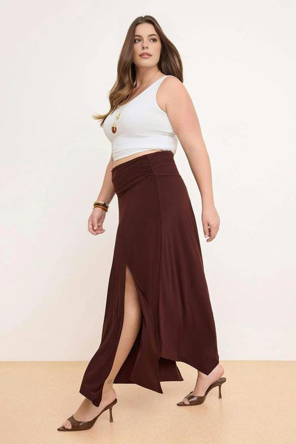WOVCOR Waist Detail Slit Stretch Knit Maxi Plus Size Skirt
