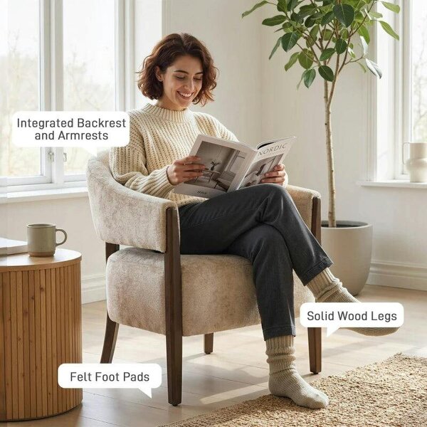 Accent Chair, Chenille Upholstered Tub Chair with Wide Seat, Solid Wood Frame and Legs, Comfy Armchair, Beige