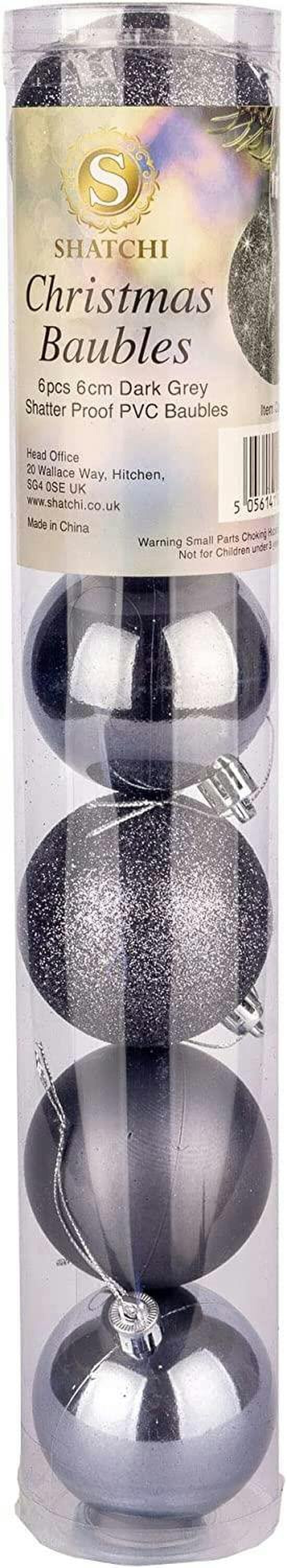 Shatchi Dark Grey Shatterproof Christmas Baubles in 6cm and Pack Sizes of 6 or 18 for Tree and Home Decorating