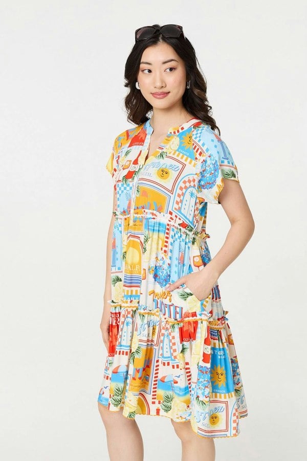 Orange | Patchwork Print Knee Length Smock Dress

