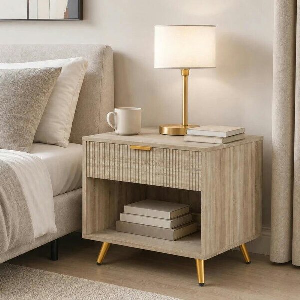 Bedside Table with Drawer and Open Compartment, Nightstand with Handle for Bedroom, Living Room, Natural Wood Finish