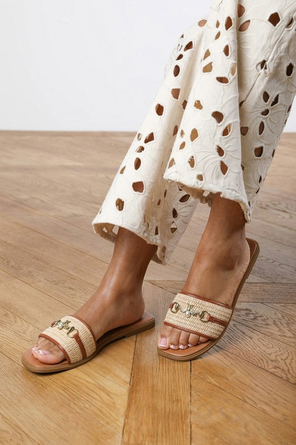 Where's That From Callie Tan Flat Sandals With Pearl And Gold Chain Embellishment