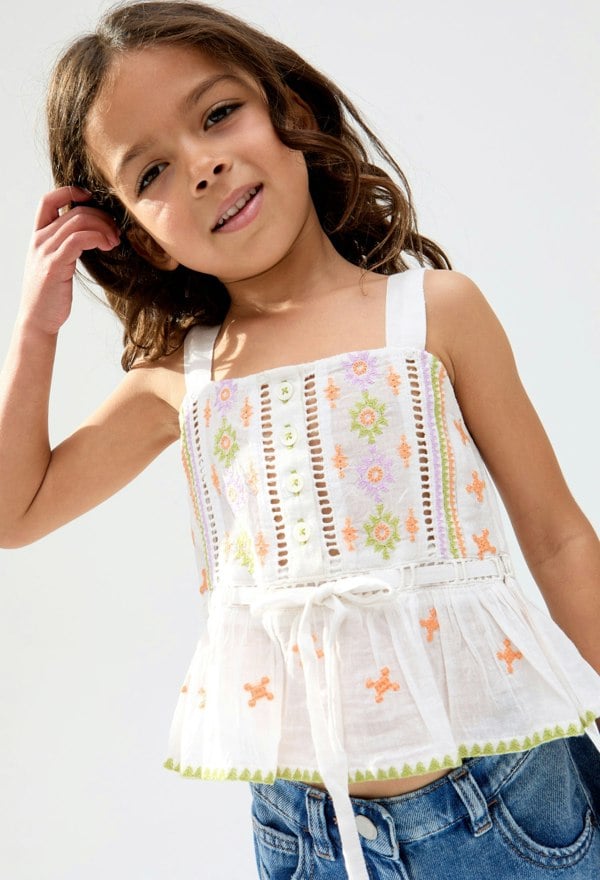 Kids Penny Lace Insert All Over Embroidered peplum Cami In Multi - image 5
