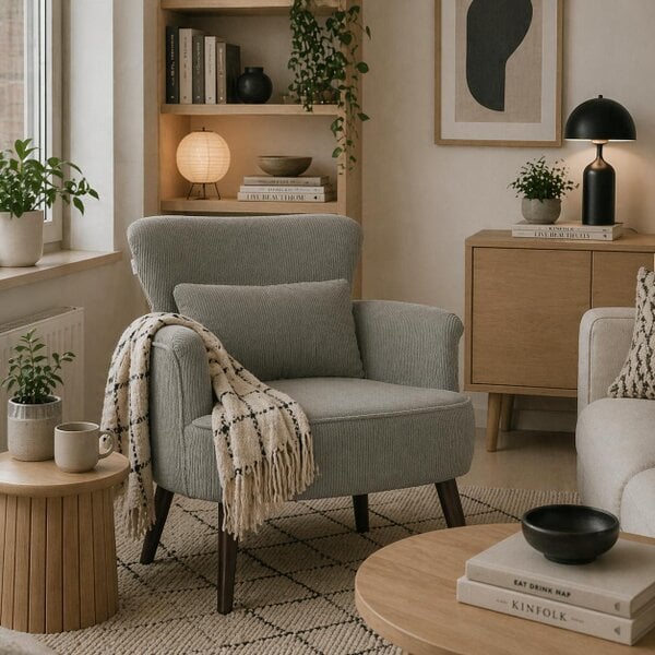 Wyld Haus Zile Corduroy Light Grey Retro Style Accent Chair Angled Legs