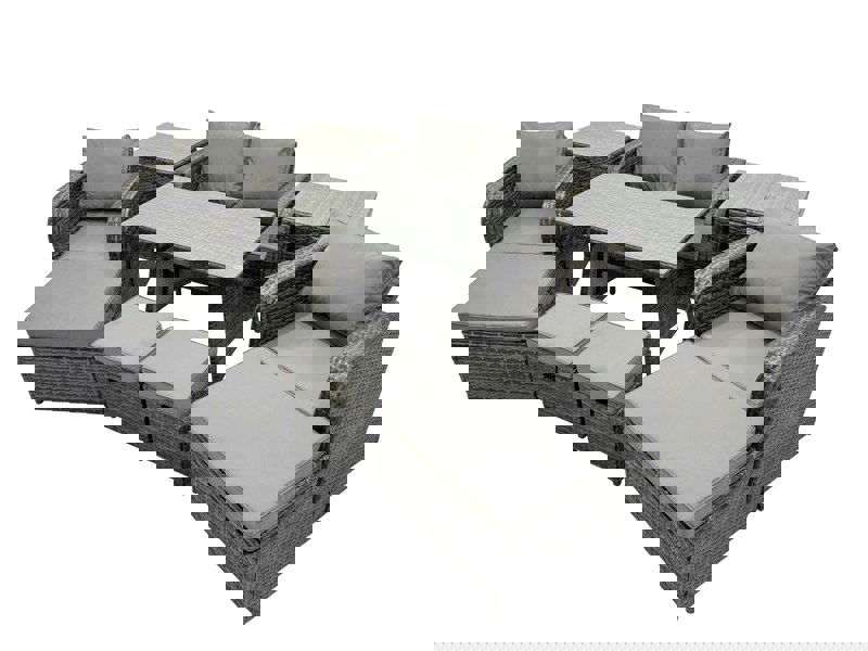 Fimous 8 Seater Garden Outdoor Rattan Furniture Set Rattan Sofa Oblong Dining Table with 2 Big Stools 2 Side Table Dark Grey