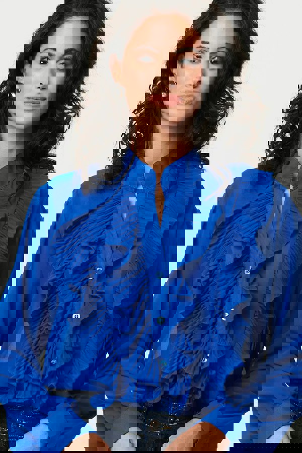 Blue | Ruffled Long Sleeve Semi Sheer Blouse
