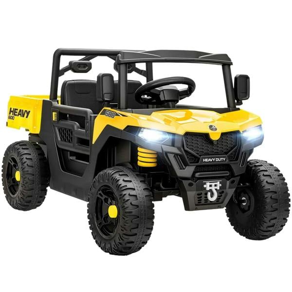 Yellow kids electric UTV with front headlights, off-road tires, and dump bed