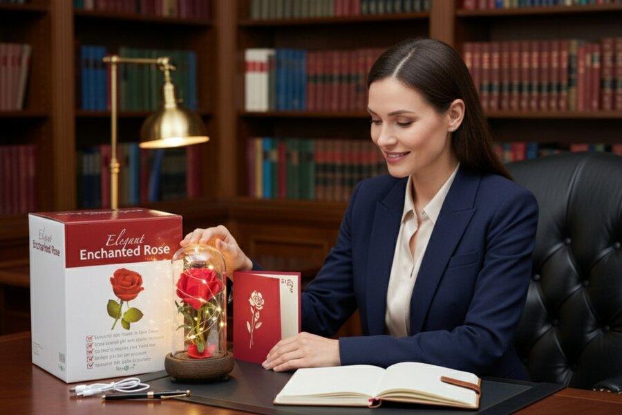 smartbies Enchanted Rose in Glass Gift set With Notebook USB Cable or Battery Powered