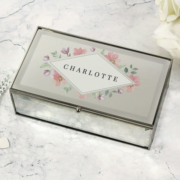 Personalised Memento Company Personalised Floral Watercolour Mirrored Jewellery Box