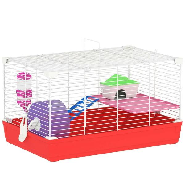 Small red and white 2-tier hamster cage with wire bars, exercise wheel, and platform.