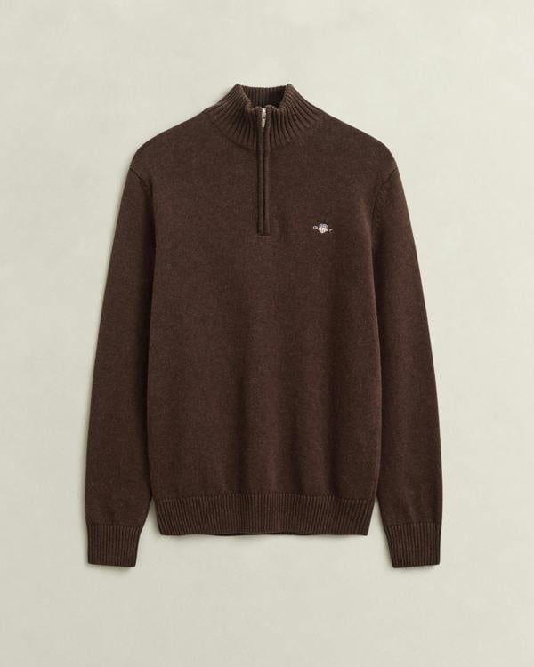 GANT Mens Casual Cotton Half Zip Jumper - 284 Black Brown Melange | CHO | Designer Mens Half Zip Jumpers