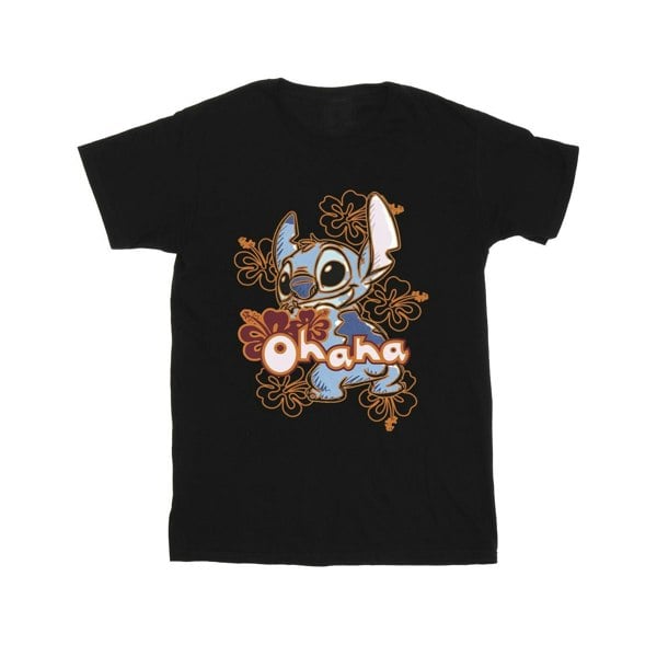 Disney Mens Lilo And Stitch Ohana Orange Hibiscus T-Shirt - Black