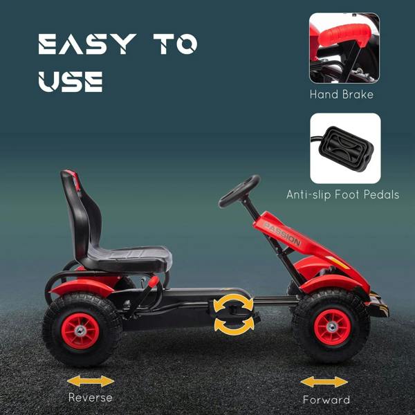 Red pedal go-kart with hand brake lever and black anti-slip foot pedals