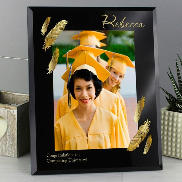 Personalised Memento Company Personalised Golden Feather 5x7 Black Glass Photo Frame