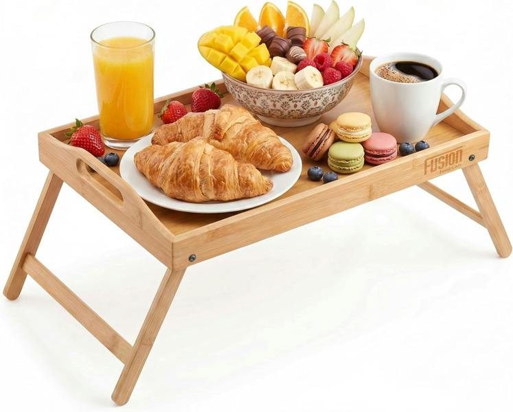 Fusion Food Care Bamboo Bed Tray Table with Foldable Legs And Handles Breakfast Tray for Sofa Bed Platters Lap Tray
