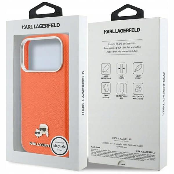 Karl Lagerfeld Karl & Choupette Head Pins Saffiano Case with MagSafe for iPhone 17 Pro 6.3" Orange - KLHMP17L6PFKCLO