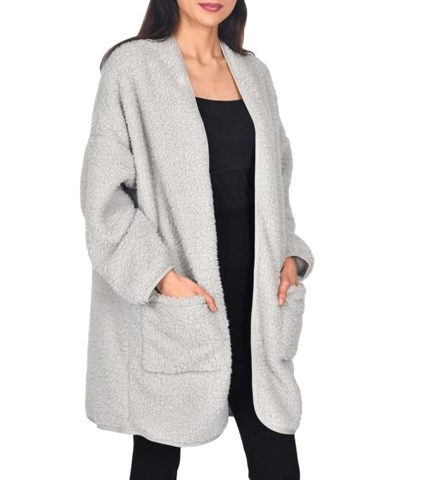 Smart Living Women's Borg Bathrobe with Ribbed Placket - Grey