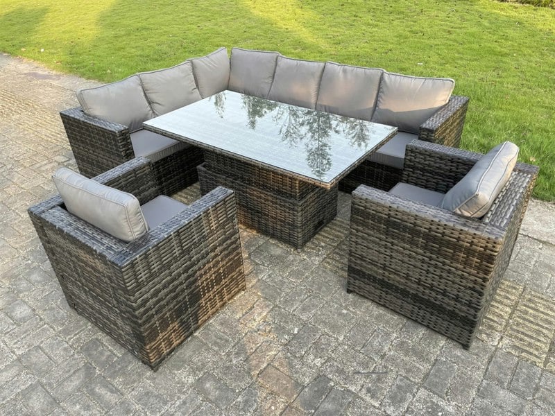 Fimous Dark Mixed Grey Outdoor Rattan Garden Furniture Sofa Set Rising Adjustable Dining Or Coffee Table 2 Chairs Patio Furniture Left Corner
