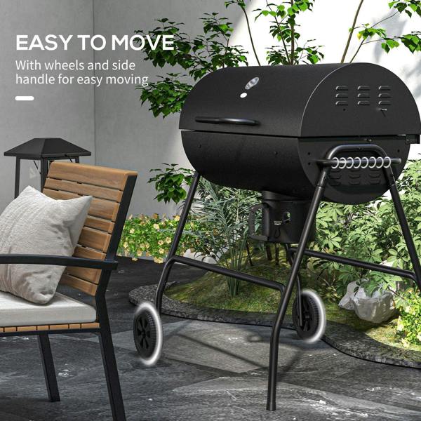 Black charcoal BBQ grill with wheels and side handle for easy moving