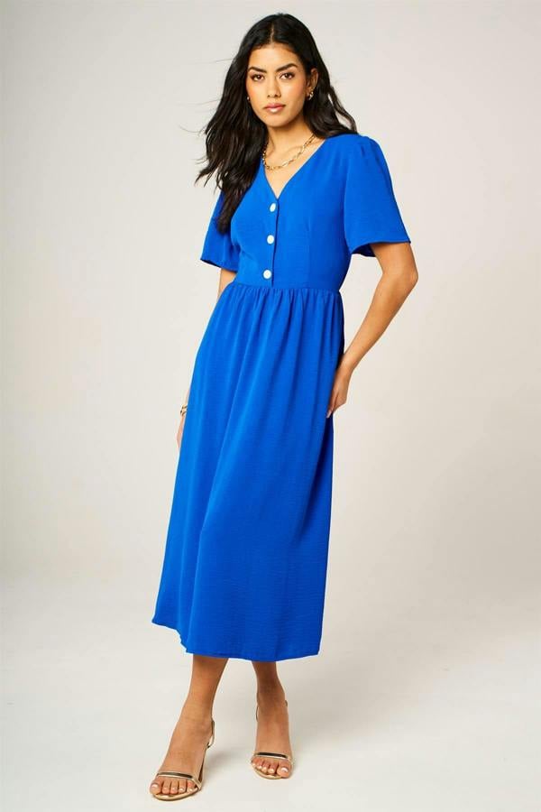 FS Collection Button Front Midi Dress In Royal Blue