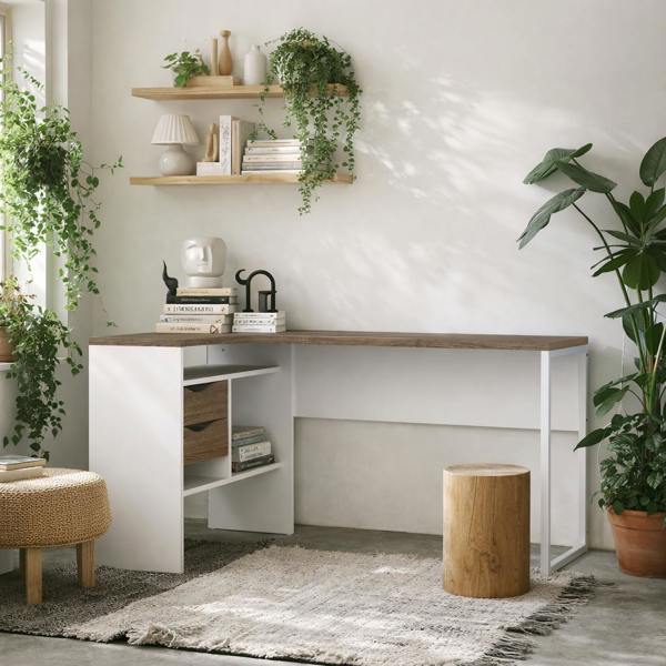 Wyld Haus Billabong White and Truffle Oak Corner Office Desk 2 Drawers