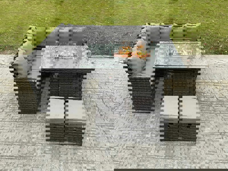 Fimous Rattan Garden Furniture High Back Corner Sofa Gas Fire Pit Dining Table Sets Gas Heater with 2 Small Footstools 8 Seater Dark Grey Mixed