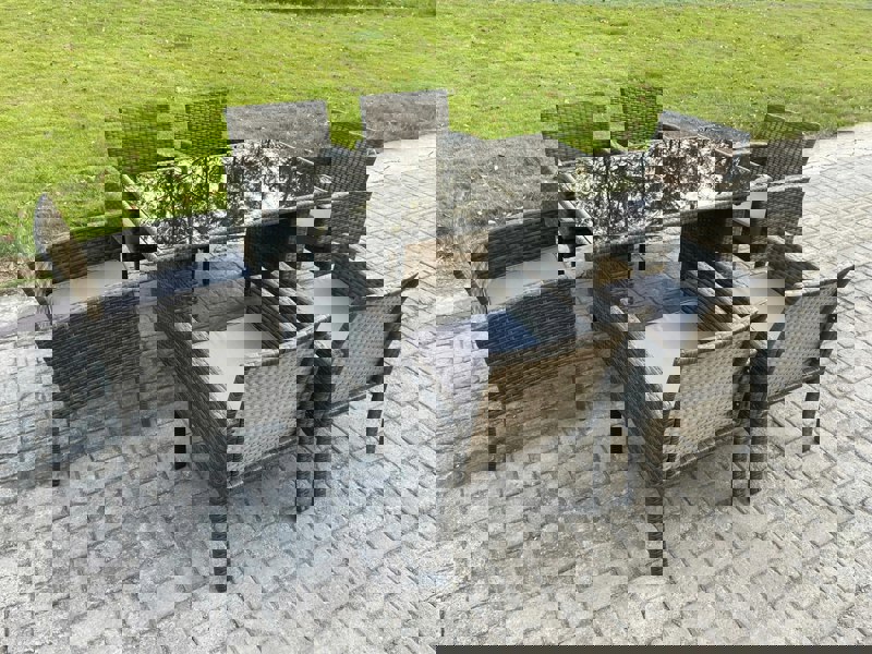 Fimous Wicker PE Outdoor Rattan Garden Furniture Arm Chair And Table Dining Sets 6 Seater Rectangular Table Dark Grey Mixed