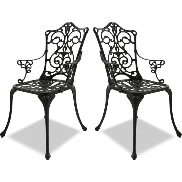 Homeology Tabreez 2-Large Garden and Patio Bistro Chairs with Armrests in Cast Aluminium Black