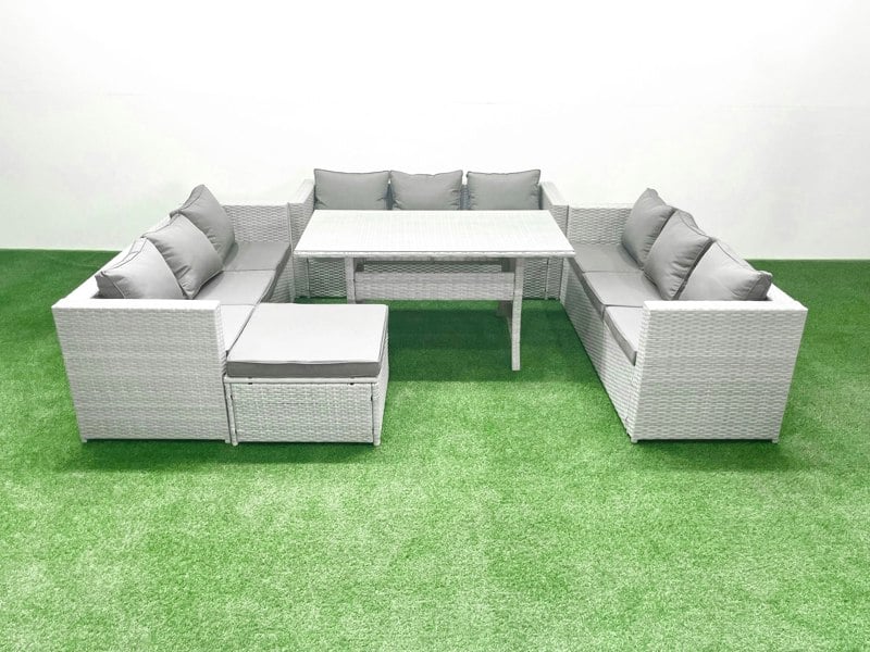 Fimous Rattan Garden Outdoor Furniture Set 10 Seater Garden Sofa Rectangulr Dining Table Set with Big Footstool Light Grey Mixed