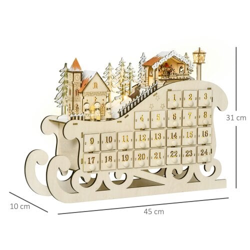 HOMCOM Christmas Advent Calendar Light Up Sleigh w/ Countdown Drawer, Village