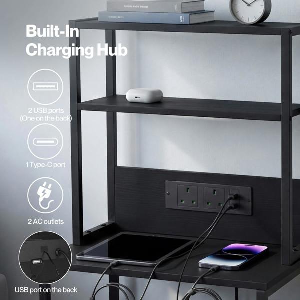 Levede Bedside Table with Charging Station LED Light 2 Drawers Storage Black