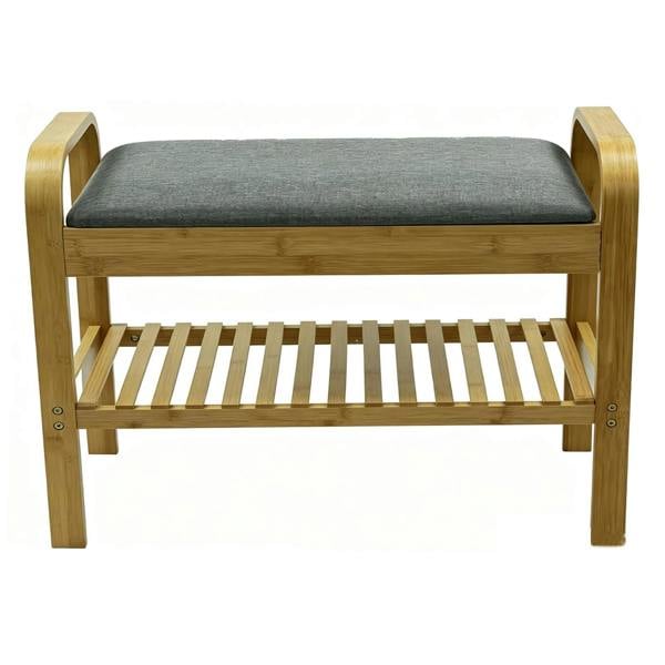 Gr8 Home Bamboo Shoe Rack Bench with Cushion Seat 2 Tier Hallway Storage Shelf